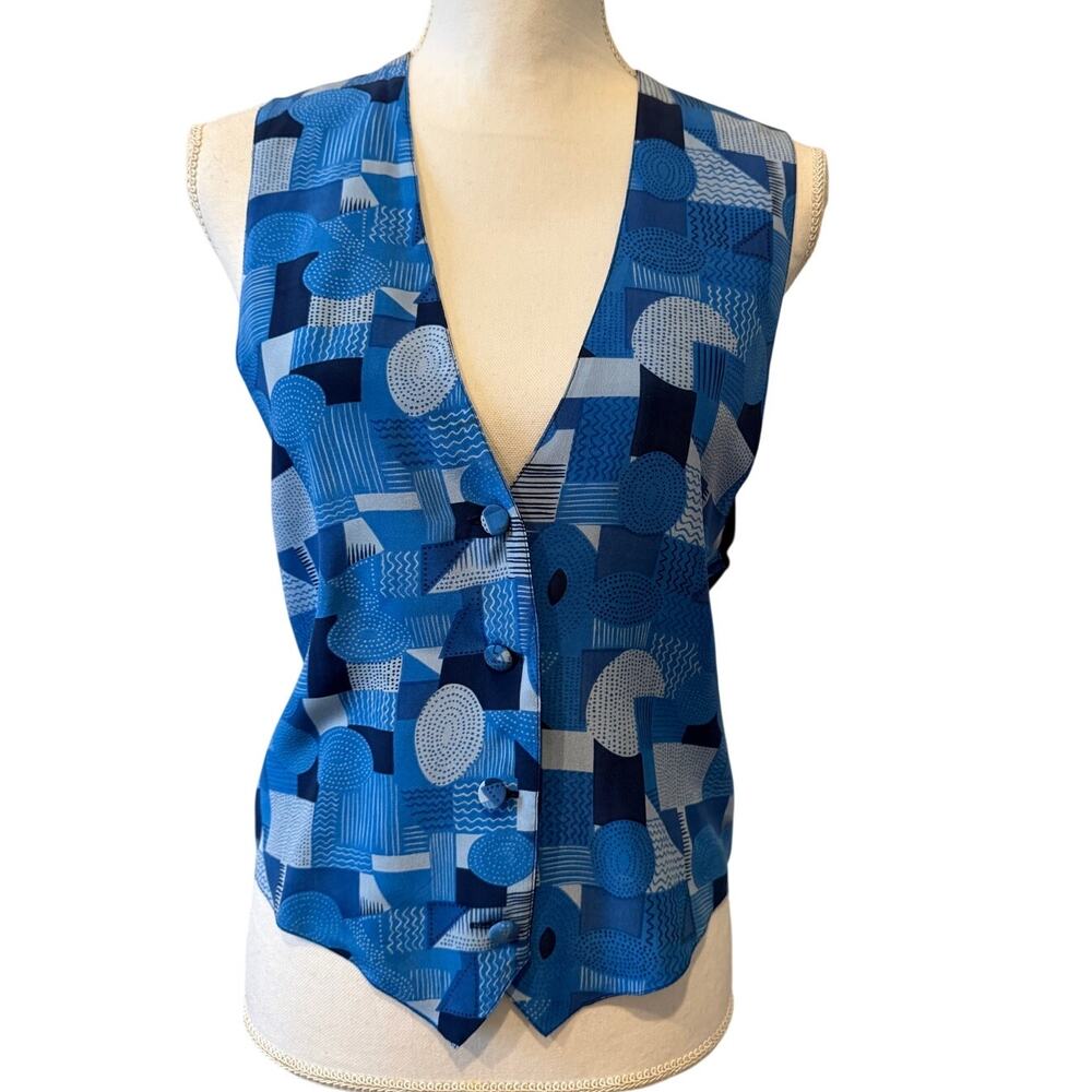 Vintage Olympia Blouses Silk Print Vest Waistcoat Blue Print S